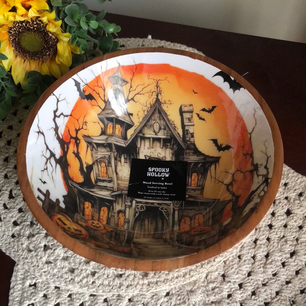 Spooky Hollow Halloween Wooden Serving Bowl